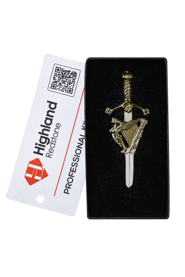 Antique Kilt Pin with a detailed Irish Harp design, perfect for adding elegance to your kilt outfit.