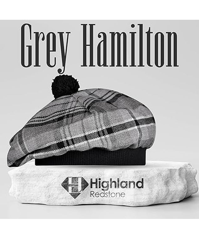 Tam O'Shanter Hat with Pompom | Grey Hamilton Tartan