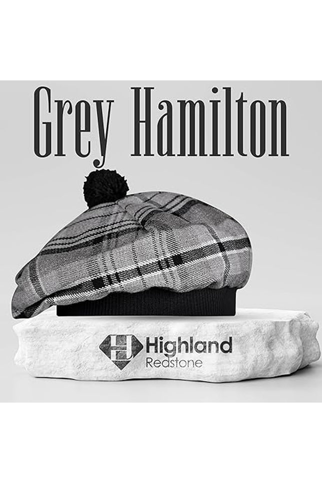 Tam O'Shanter Hat with Pompom | Grey Hamilton Tartan