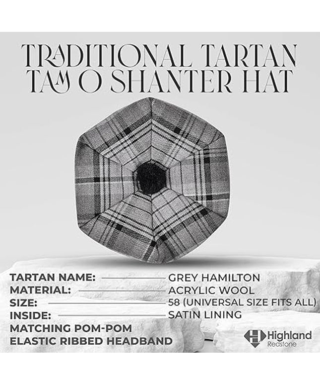 Tam O'Shanter Hat with Pompom | Grey Hamilton Tartan