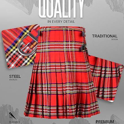 Men's Royal Stewart Tartan Kilt – 16oz Acrylic Wool, 5 Yards Traditional Scottish Kilt