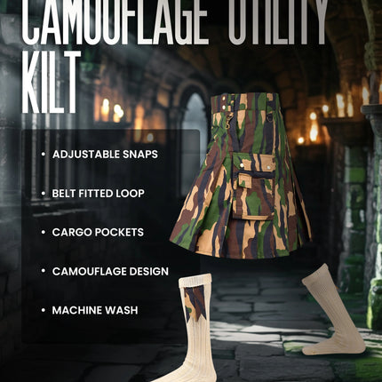 Camouflage Utility Kilt For Men - Rugged Ripstop Cotton tactical men kilt with brass hardware