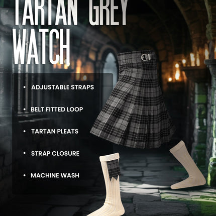 Kilt for Men I Grey Watch Tartan Kilt Polyviscose 8 Yard Traditional Men Kilt