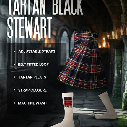 Kilt for Men I Black Stewart Tartan Kilt Polyviscose 8 Yard Traditional Men Kilt