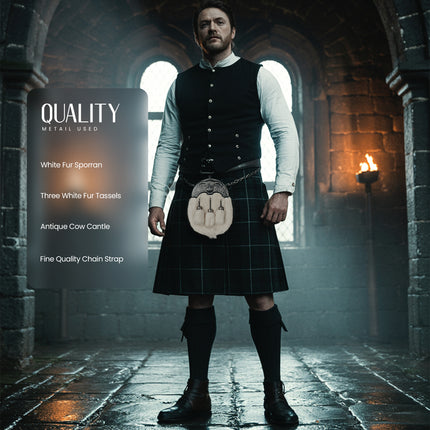 White Rabbit Fur Sporran with Highland Cow Antique Finish Cantle