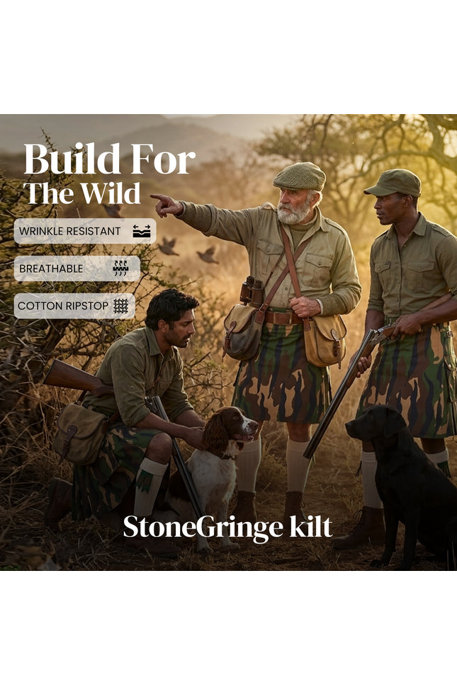 StoneGringe Men’s Camouflage Utility Kilt  - Rugged Ripstop Cotton tactical men kilt with brass hardware