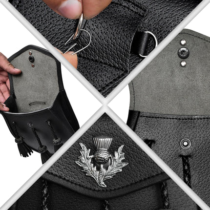 Semi Dress Leather Sporran w/ Thistle Badge I Black Plain
