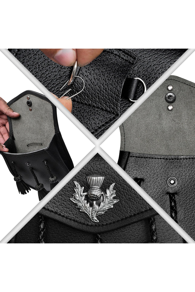 Semi Dress Leather Sporran w/ Thistle Badge I Black Plain