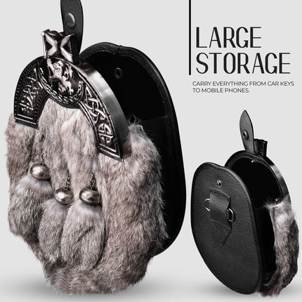 Grey Rabbit Fur Sporran Antique Cantle featuring genuine rabbit fur and an antique cantle design, perfect for formal Scottish dress.
