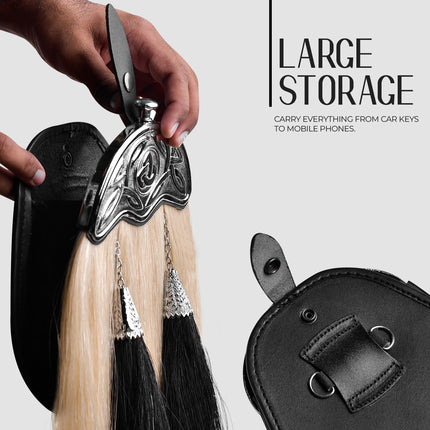 Full Dress Horse Hair Sporran with intricate Celtic Design Chrome Cantle, showcasing premium craftsmanship and luxurious materials.