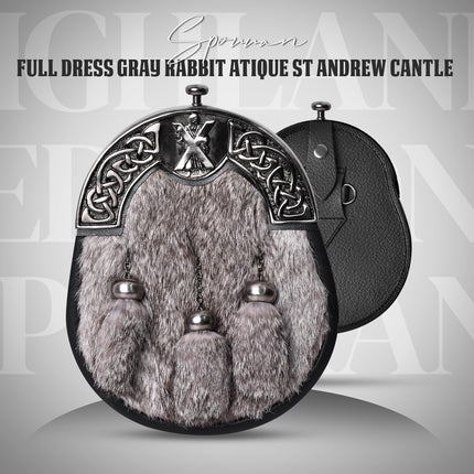Grey Rabbit Fur Sporran Antique Cantle featuring genuine rabbit fur and an antique cantle design, perfect for formal Scottish dress.