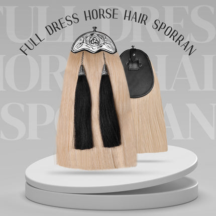 Full Dress Horse Hair Sporran with intricate Celtic Design Chrome Cantle, showcasing premium craftsmanship and luxurious materials.
