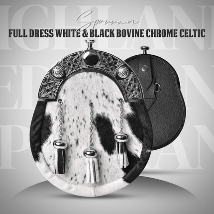 Premium Scottish White & Black Bovine Sporran with Chain Belt