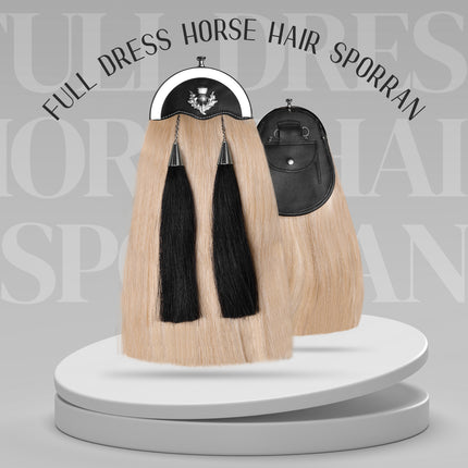 Full Dress Horse Hair Sporran with detailed Thistle Chrome Cantle, showcasing luxurious materials and traditional Scottish design.