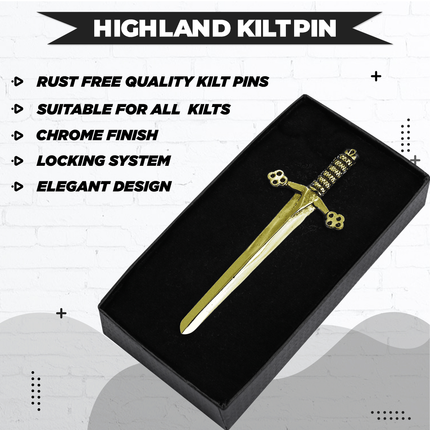Antique Kilt Pin featuring a detailed replica of the Bruce Sword, perfect for adding elegance to your kilt outfit.
