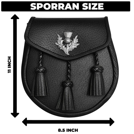 Semi Dress Leather Sporran w/ Thistle Badge I Black Plain