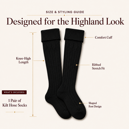 Comfortable Wool Blend Black Kilt Hose | High-Quality Kilt Socks