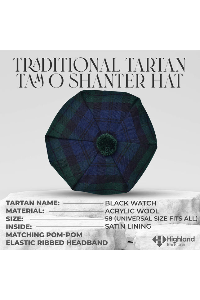 Tam O'Shanter Hat with Pompom in Black Watch Tartan