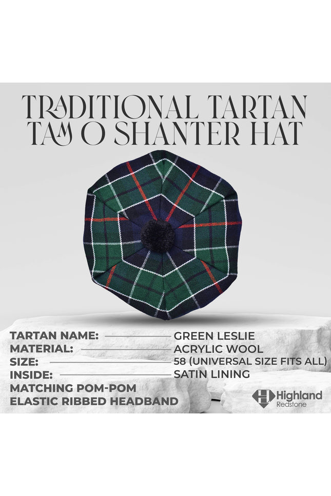 Tam O'Shanter Hat with Pompom in Green Leslie Tartan