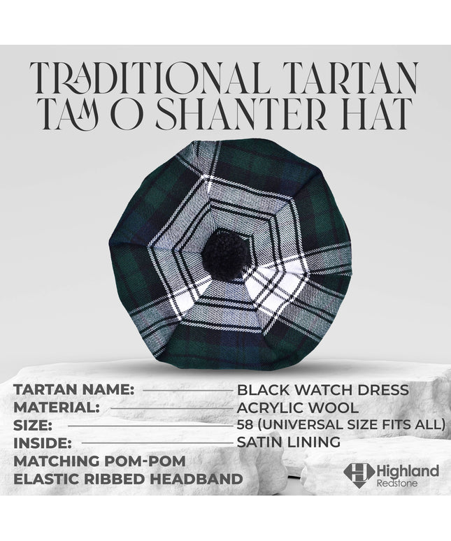 Tam O'Shanter Hat with Pompom in Black Watch Dress Tartan