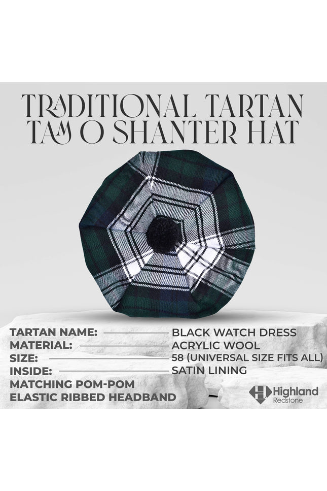 Tam O'Shanter Hat with Pompom in Black Watch Dress Tartan
