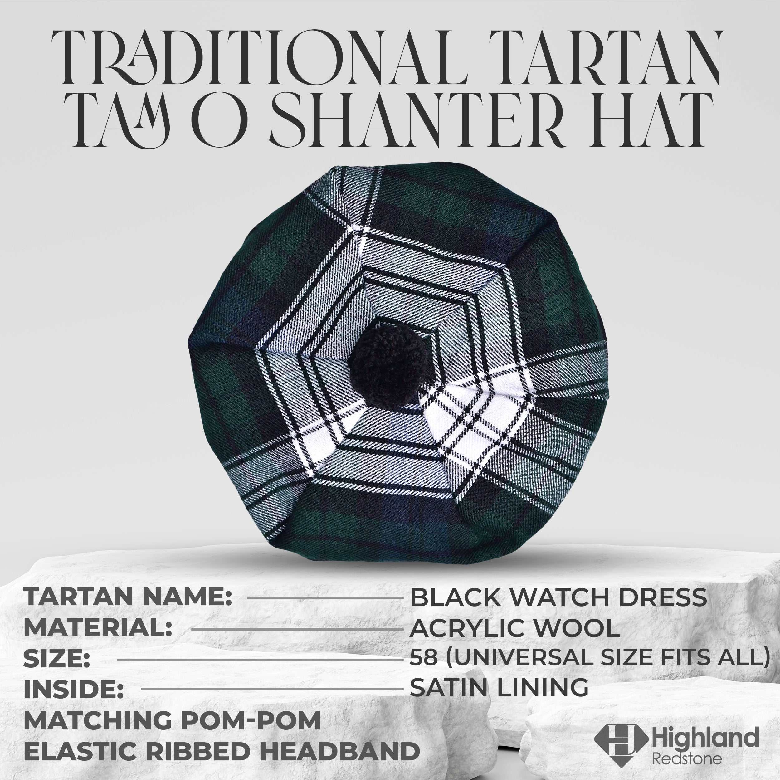 Tam O_Shanter Hat with Pompom (Black Watch Dress)