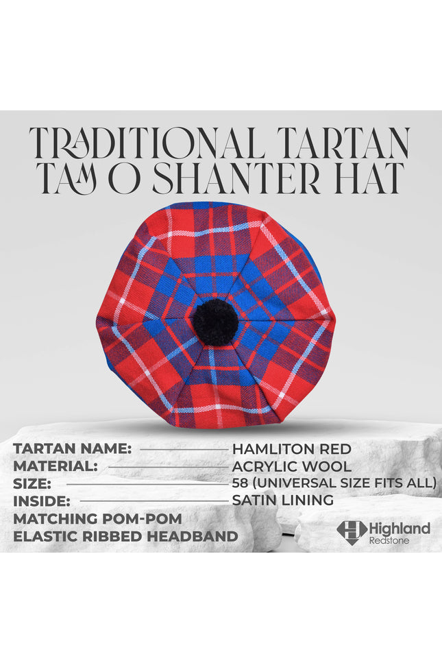 Tam O'Shanter Hat with Pompom in Hamilton Red Tartan