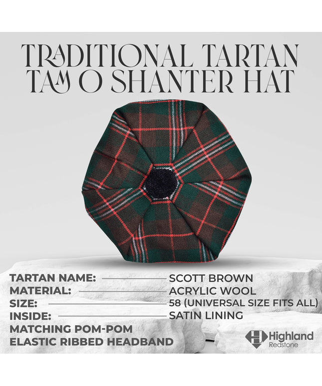 Scott Brown Tam O'Shanter hat with pompom, traditional Scottish cap