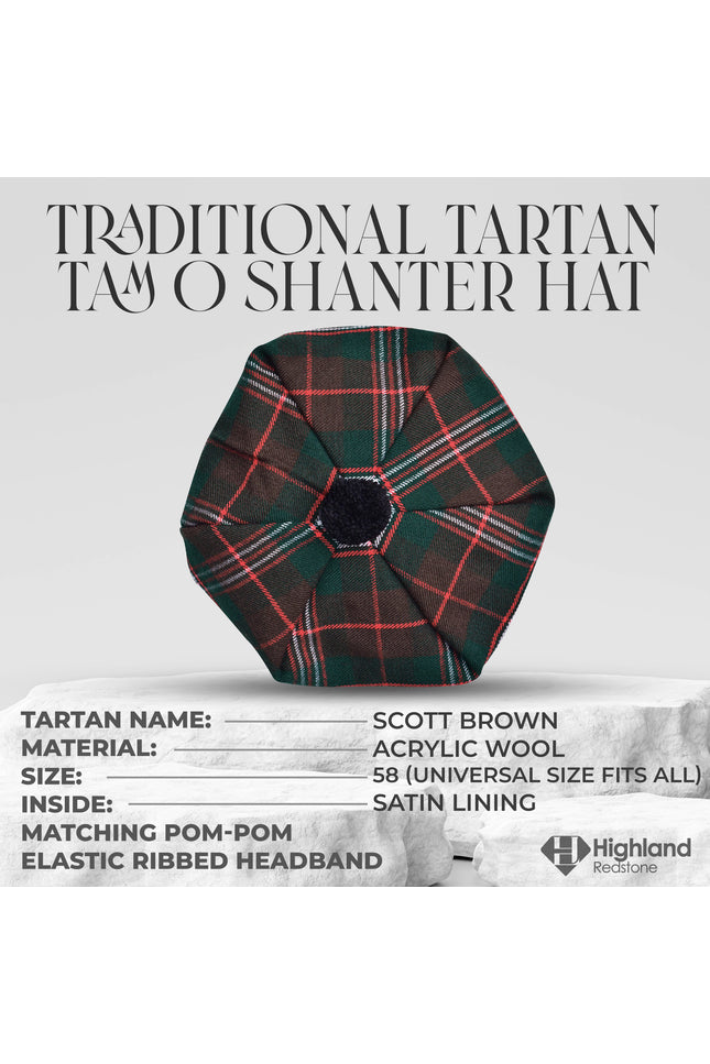 Scott Brown Tam O'Shanter hat with pompom, traditional Scottish cap