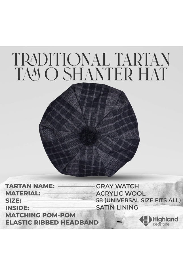 Tam O'Shanter Hat with Pompom in Gray Watch Tartan