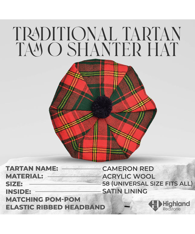 Tam O'Shanter Hat with Pompom in Cameron Red Tartan