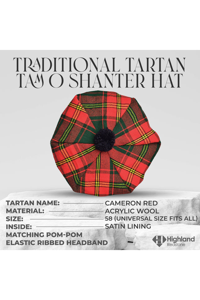 Tam O'Shanter Hat with Pompom in Cameron Red Tartan