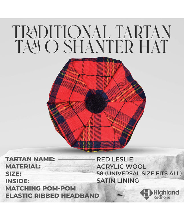 Tam O'Shanter Hat with Pompom in Red Leslie Tartan