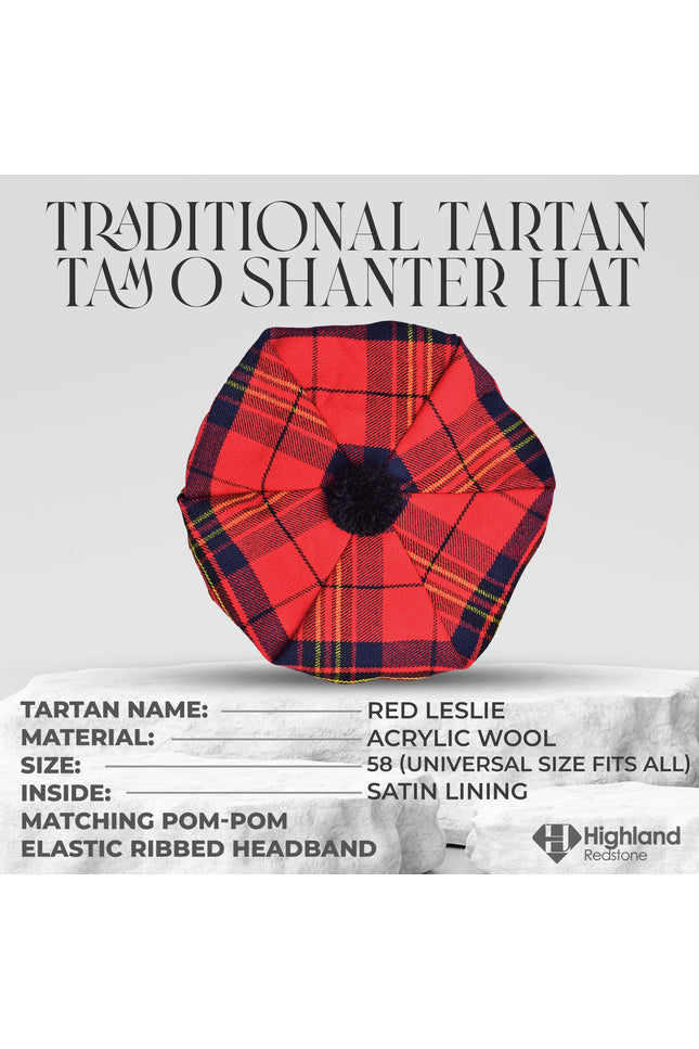 Tam O'Shanter Hat with Pompom in Red Leslie Tartan