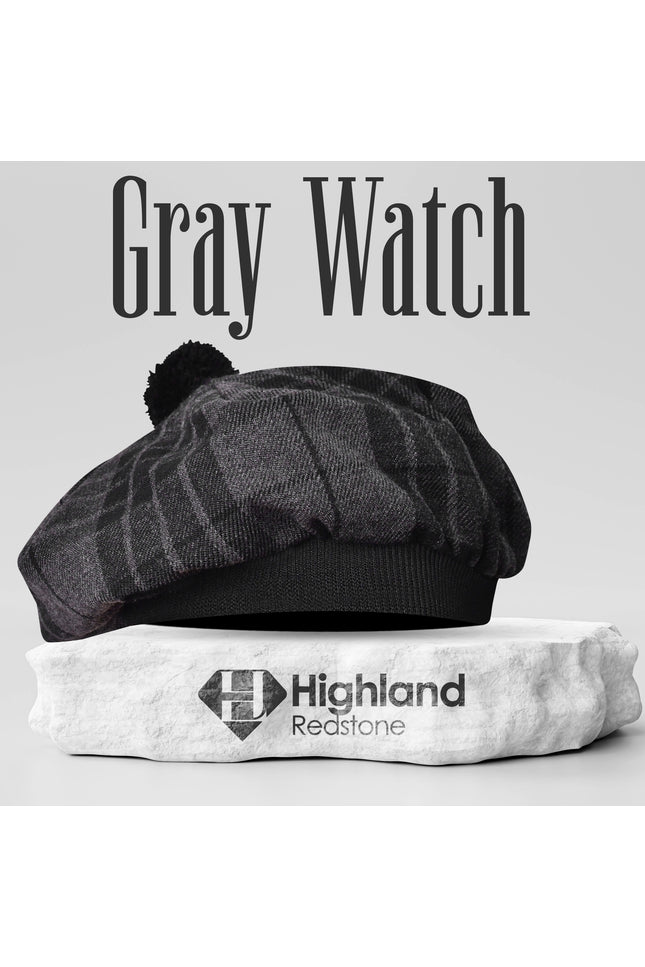 Tam O'Shanter Hat with Pompom in Gray Watch Tartan